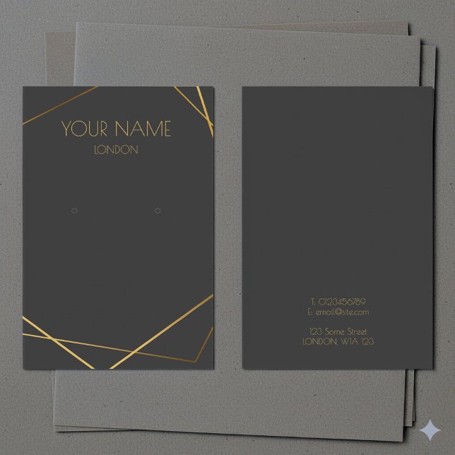 Enkelt visning för geometrisk öronring i guld visitkort (Luxury gold geometric dark earring display card.)
