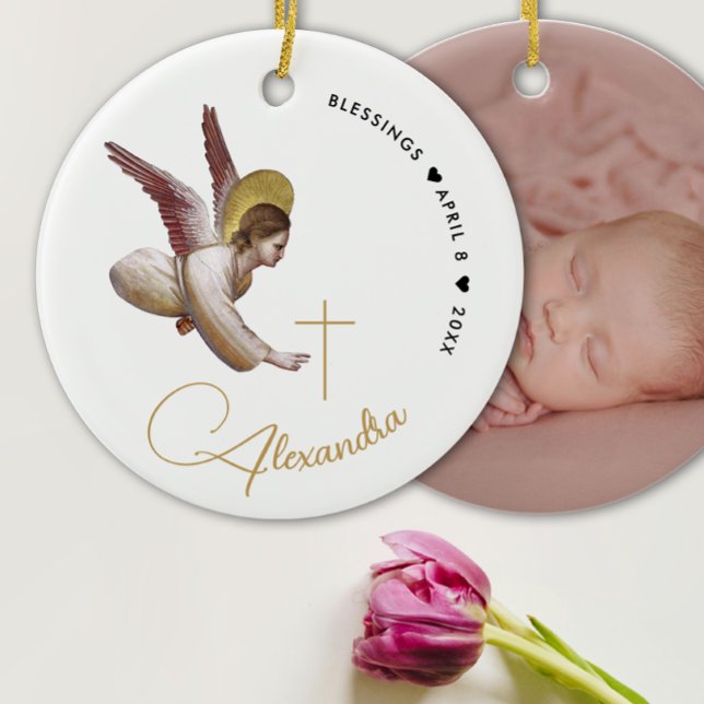 Enkelt vit Guld-änglig Baptismkalligrafi Julgransprydnad Keramik (Skapare uppladdad)