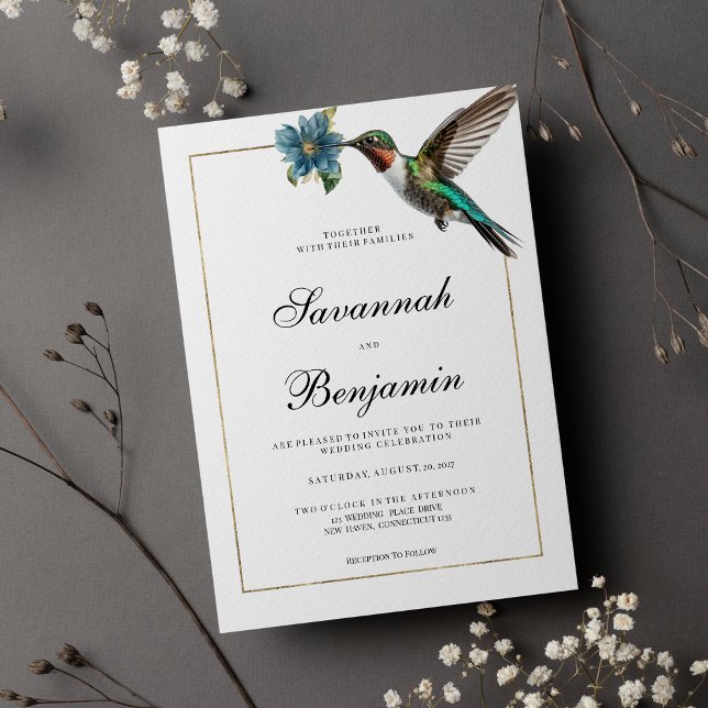 Enkelt vit guld färglös hummelfågel bröllop inbjudningar (Simple white gold colorful hummingbird wedding)