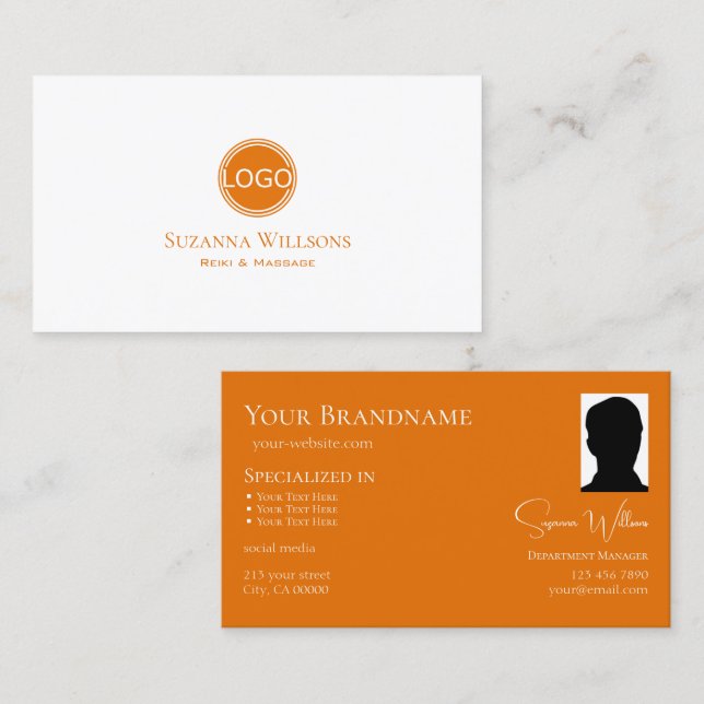 Enkelt vit Orange med Logotyp och fotoChic Visitkort (Fram/baksida)