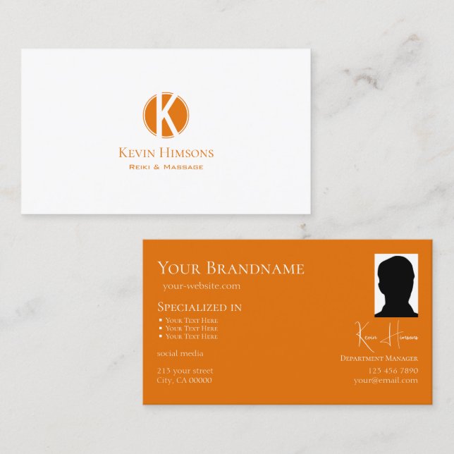 Enkelt vit Orange med Monogram och Photo Visitkort (Fram/baksida)