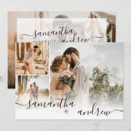 Enkelt vitt minimalistiskt skript 4 foton bröllop inbjudningar