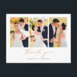 Enkelt vykort för fotokollage Bröllop Tack<br><div class="desc">Den här enkla, chic fotot bröllop-tacket som du använder för vykort har en ren, modern design och plats för tre av dina favoritfoton. Vi har valt ett modernt skript i en elegant guld-ton som heter Vegas Guld för "tack" på framsidan och baksidan. Det går inte att ändra den här delen...</div>