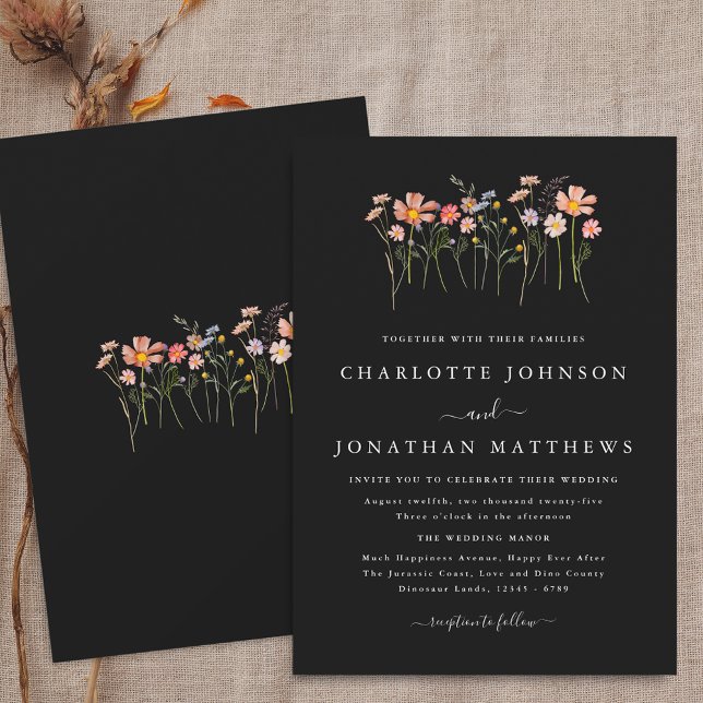 Enkelt Wildblomma Fall Black & White Bröllop Inbjudningar (Boho fall Wildflower floral black and white Wedding invitation Minimalist watercolor autumn flowers)