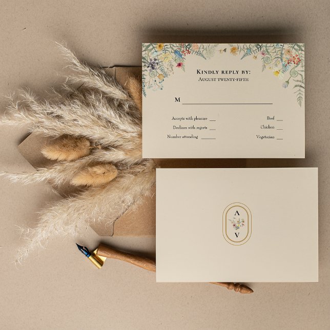 Enkelt Wildblomma Fern Beige Bröllop Monogram OSA Kort (Skapare uppladdad)