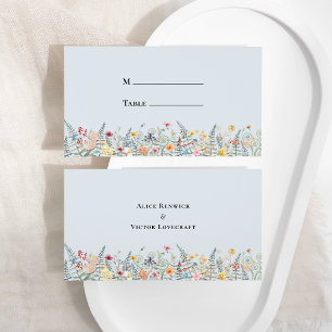 Enkelt Wildblomma Fern Dusty Blue Bröllop Flat Placeringskort