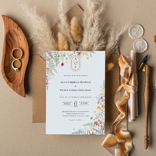 Enkelt Wildblomma Fern Dusty Blue Bröllop Monogram Inbjudningar