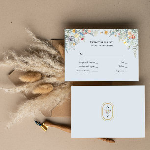 Enkelt Wildblomma Fern Dusty Blue Bröllop Monogram OSA Kort