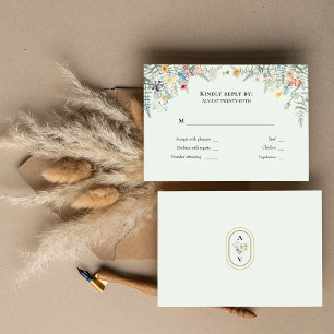 Enkelt Wildblomme Fern Mint Grönt Bröllop Monogram OSA Kort