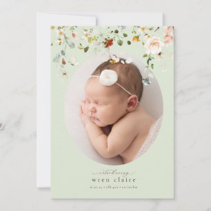 Enkelt Wildblommor Mint Photo Birth-meddelande Inbjudningar