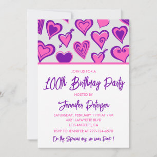 Enkla 100-årsfödelsedagsinbjudningar Glam Heart Inbjudningar