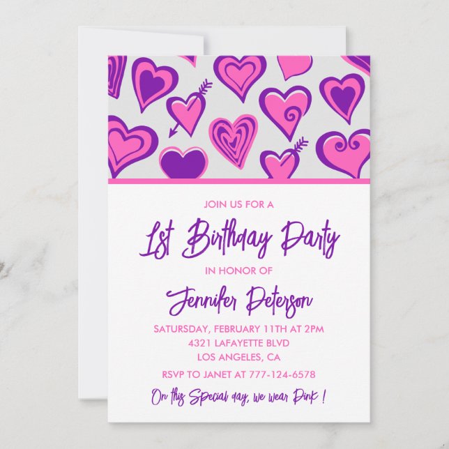Enkla 1-års inbjudningar Glam Heart (Framsida)