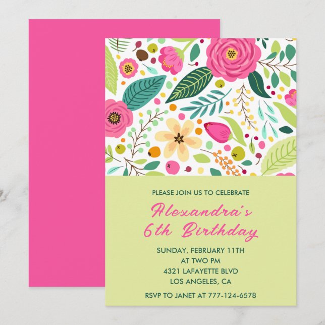 Enkla 6-års födelsedagsinbjudningar Blommig Färgri Inbjudningar (Fram/baksida)