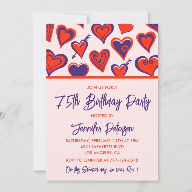 Enkla 75-års inbjudningar Glam Söt Hjarta  (Framsida)
