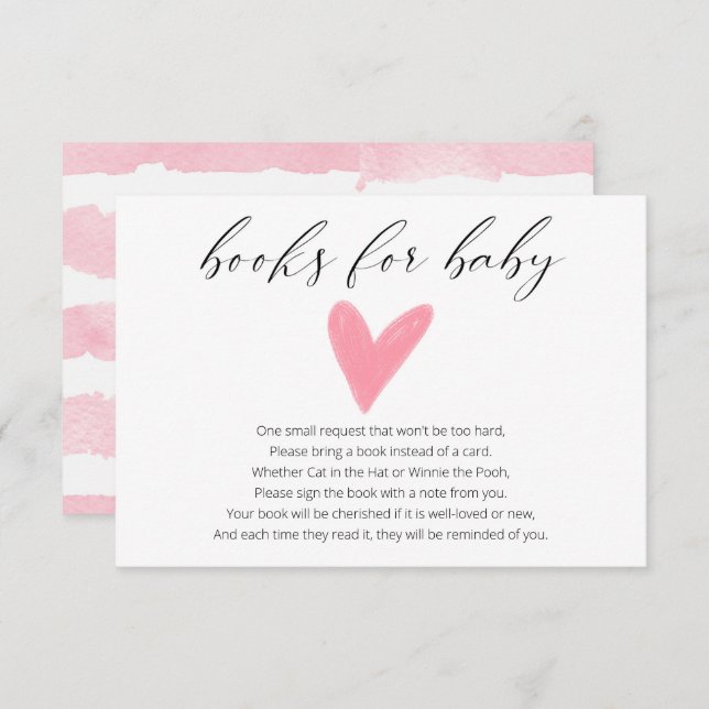 Enkla akvarell rosa hjärta böcker för babyflicka tilläggskort (Fram/baksida)