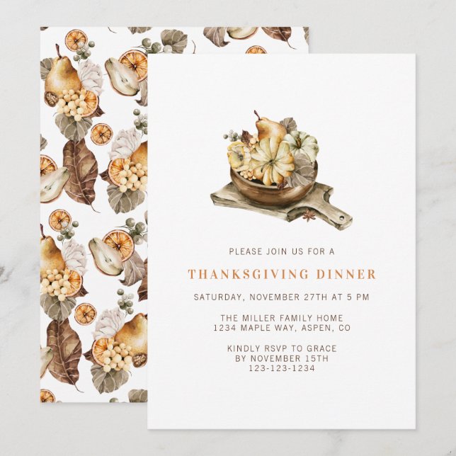 Enkla akvarellpumpafestmeny för Thanksgiving Inbjudningar (Fram/baksida)