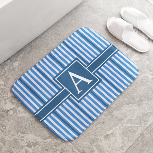 Enkla analysstorlekar Blå och vit Rand Monogram Badrumsmatta (Skapare uppladdad)