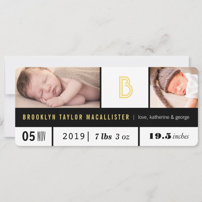 Enkla Baby Statistik Gult Monogram 2 Foto Födelse Meddelande (Framsida)