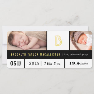 Enkla Baby Statistik Gult Monogram 2 Foto Födelse Meddelande