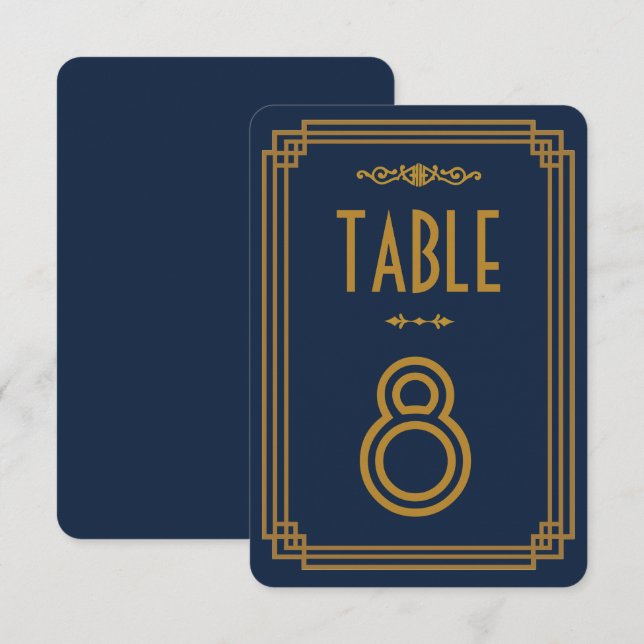 Enkla blå Art Deco Bordskort för Bröllop (Fram/baksida)