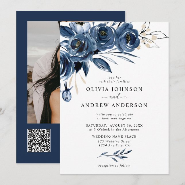 Enkla Blå Blommor QR-kod & Foto Bröllop Inbjudningar (Fram/baksida)