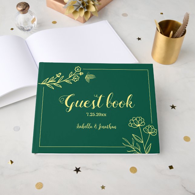 Enkla blommor från guld dyker upp grönt bröllop gästböcker (Framsida Öppen)