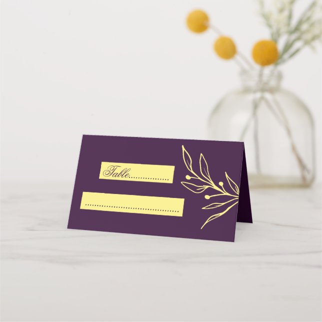 Enkla blommor från guld lila bröllop placeringskort (Framsida)