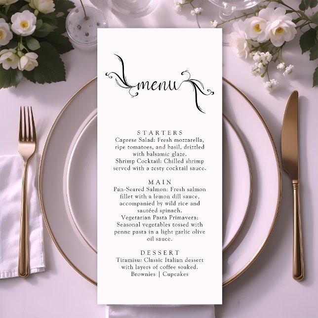 Enkla Boho Black and White Bröllop Menu-kort Meny (Skapare uppladdad)