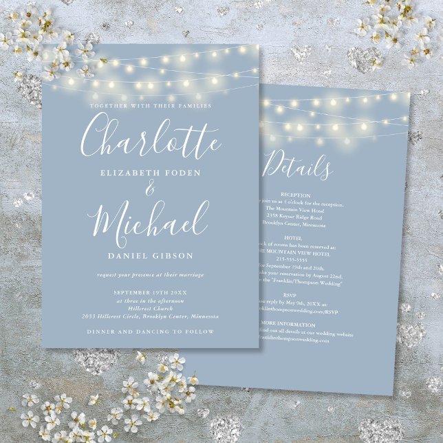 Enkla bröllopsljus i dammig blå färg inbjudningar (String Lights Dusty Blue All In One Simple Wedding Invitation)