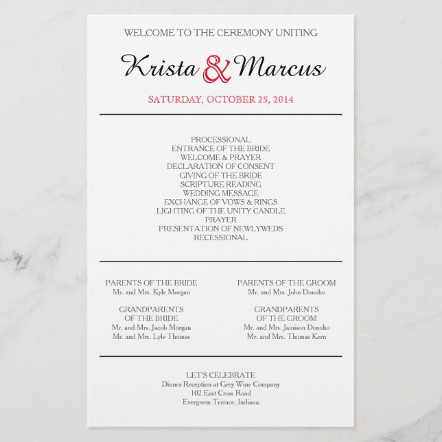 Enkla Bröllopsprogram för Silhouettes-datorer (Framsida)