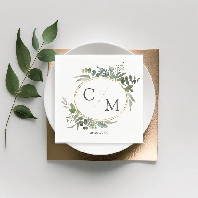 Enkla elegant- monogram eucalyptus napkins pappersservett (Skapare uppladdad)
