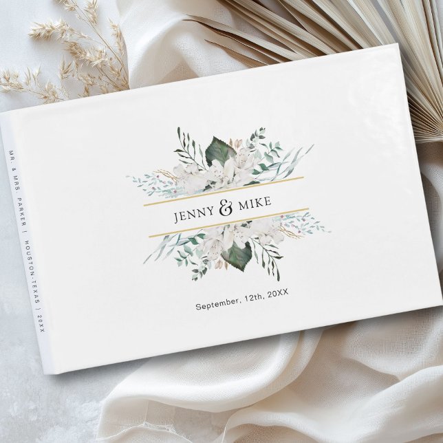 Enkla, elegant vita blommor bröllop gästböcker (Personalized, simple, elegant white flowers wedding guest book with your name and date.)