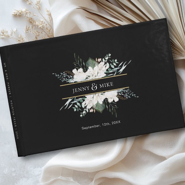 Enkla, elegant vita blommor bröllop gästböcker (Personalized, simple, elegant white flowers wedding guest book with your name and date.)