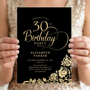 Enkla Eleganta 30-års Födelsedag Svarta Guld Rosor Inbjudningar