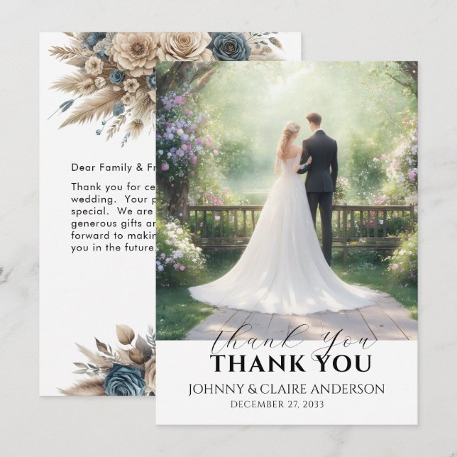 Enkla Eleganta Foto Bröllop Tacksamhetskort Anteck Tack Kort (Fram/baksida)