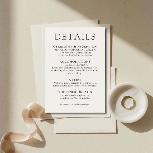 Enkla Elfenbensfärgade Klassiska Bröllopsdetaljer Tilläggskort (Simple Ivory Classic Wedding Details Enclosure Card)