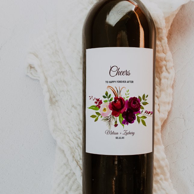 Enkla etiketter för Burgundy Blommigt Bröllop Vin (Skapare uppladdad)
