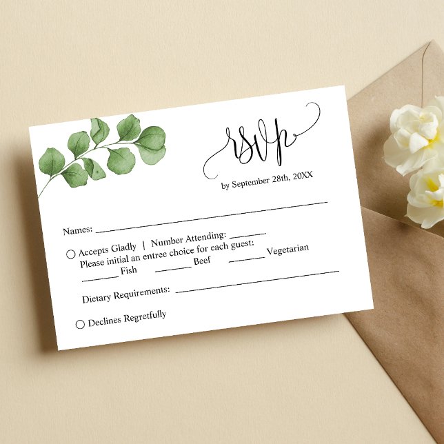 Enkla Eukalyptusblad Anpassad Bröllops-Svarskort Inbjudningar (Simple eucalyptus leaves custom RSVP card keeps responses organized with a fresh natural feel)