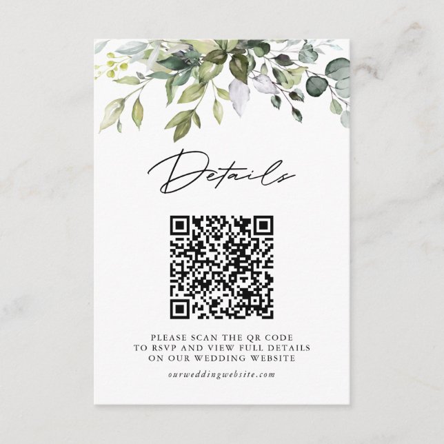 Enkla Eukalyptusblad QR-kod Bröllopsdetaljer Tilläggskort (Framsida)