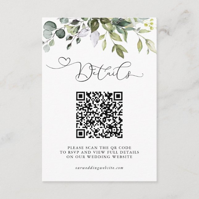 Enkla Eukalyptusblad QR-kod Bröllopsdetaljer Tilläggskort (Framsida)
