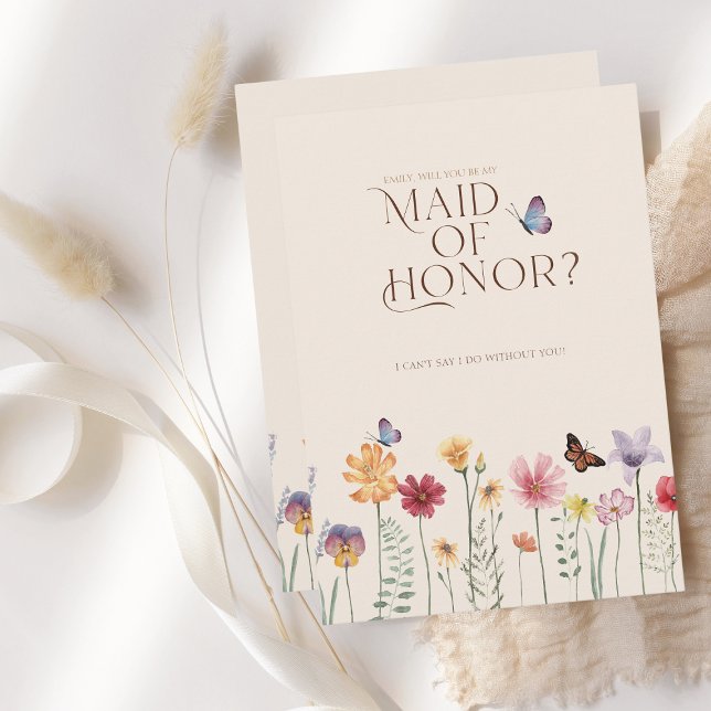 Enkla färgglada vilda blommor var min brudtärna inbjudningar (Simple Colorful Wildflower Floral Wedding Maid of Honor Card)