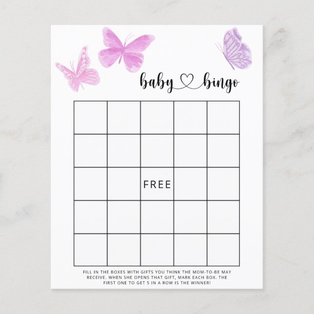 Enkla fjärilar - Baby shower bingo spel (Framsida)