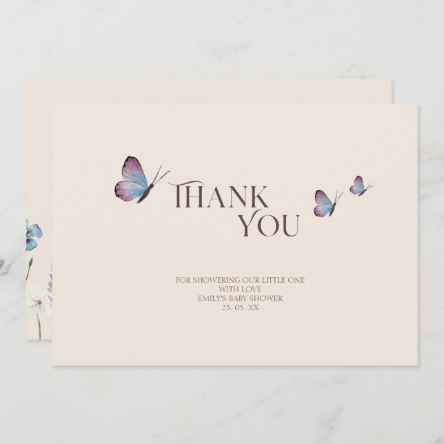 Enkla fjärilar och Wildblommor Baby Shower Tack Kort (Fram/baksida)
