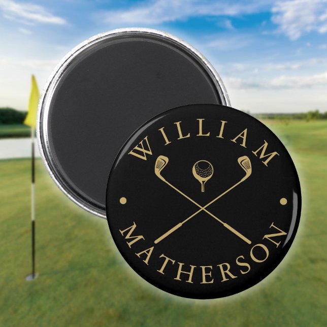 Enkla golfklubbor med eget namn i svart och guld magnet (Simple Custom Name Golf Clubs Black And Gold Magnet)