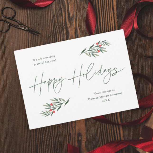 Enkla Grey Lövs Business Helgdagskorts (A simple script greenery leaves green and red business holiday magnetic card.)