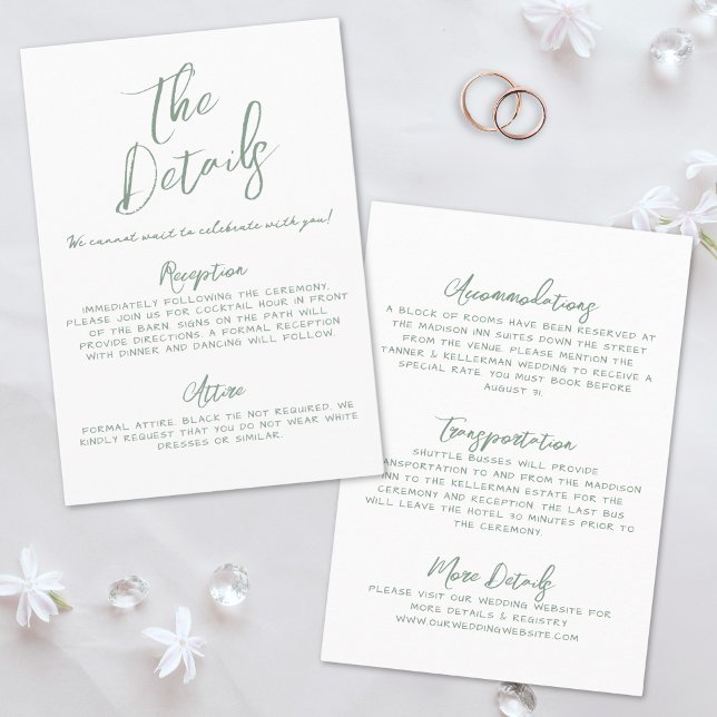 Enkla handskrivna gröna fantasifulla bröllopsdetal tilläggskort (Simple Handwritten Green Whimsical Wedding Details Enclosure Card)