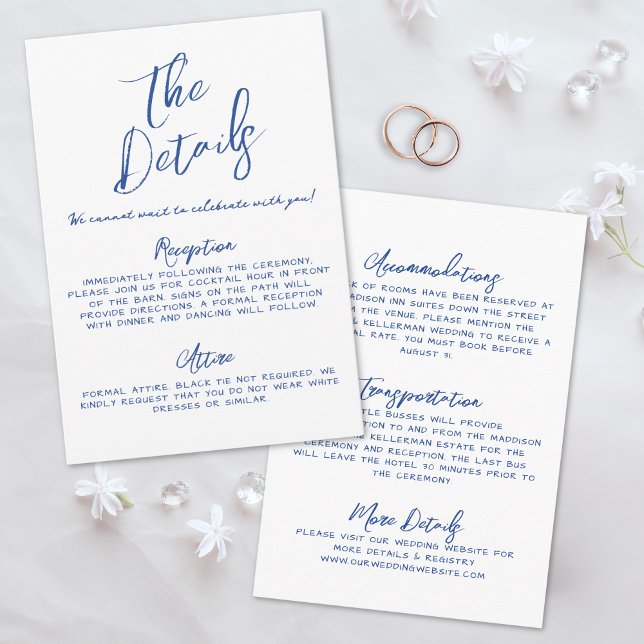 Enkla Handskrivna Whimsical Blå Bröllopsdetaljer Tilläggskort (Simple Handwritten Whimsical Blue Wedding Details Enclosure Card)