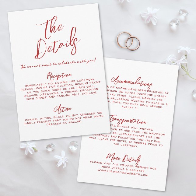 Enkla Handskrivna Whimsical Röda Bröllopsdetaljer Tilläggskort (Simple Handwritten Whimsical Red Wedding Details Enclosure Card)