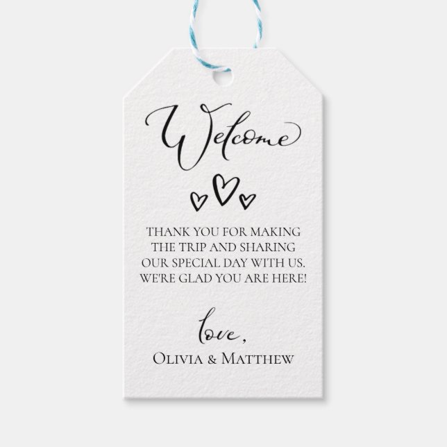 Enkla hjärtan bröllskaps välkomstpåse presentetikett (Framsidan)