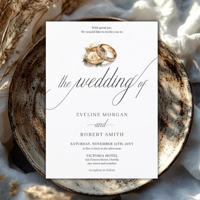 Enkla kalligrafi guldringar och rosor bröllop inbjudningar (elegant script typography gold wedding rings wedding invitation)